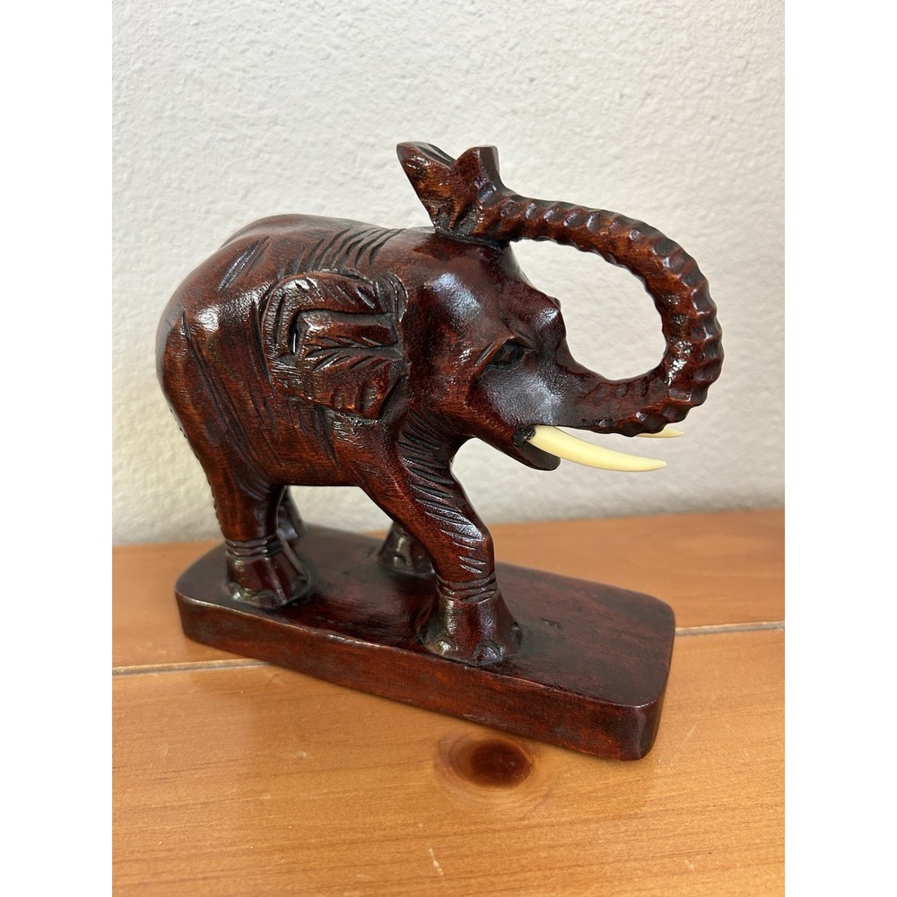 Vintage Hand Carved  Wooden Elephant with Tusk‎ by Paul Marshall MCM Figurine